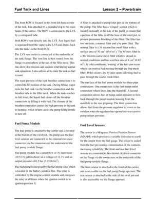 Page 344The front ROV is located in the front left hand corner
of the tank. It is attached by a moulded clip to the main
beam of the carrier. The ROV is connected to the LVS
by a corrugated tube.
Both ROVs vent directly into the LVS. Any liquid fuel
is separated from the vapor in the LVS and drains back
into the tank via the front ROV.
The LVS vent outlet is connected to the underside of
the tank flange. The vent line is then routed from the
flange to atmosphere at the top of the filler neck. This
line allows...