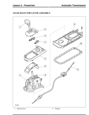 Page 39GEAR SELECTOR LEVER ASSEMBLY
Selector lever1Finisher2
Automatic TransmissionLesson 2 – Powertrain
283Technical Training (G421157) 