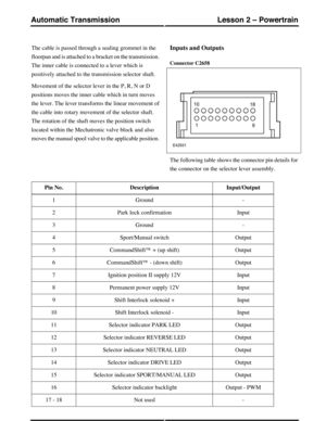 Page 42The cable is passed through a sealing grommet in the
floorpan and is attached to a bracket on the transmission.
The inner cable is connected to a lever which is
positively attached to the transmission selector shaft.
Movement of the selector lever in the P, R, N or D
positions moves the inner cable which in turn moves
the lever. The lever transforms the linear movement of
the cable into rotary movement of the selector shaft.
The rotation of the shaft moves the position switch
located within the...