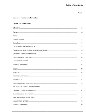 Page 60PAGE
Lesson 1 – General Information
Lesson 2 – Powertrain
13Objectives....................................................................................................................................................
16Engine.............................................................................................................................................................