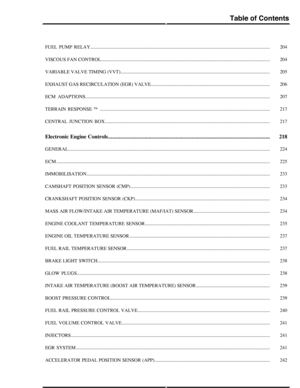 Page 64204FUEL  PUMP  RELAY....................................................................................................................................................
204VISCOUS FAN CONTROL...........................................................................................................................................
205VARIABLE VALVE TIMING (VVT)...........................................................................................................................
206EXHAUST GAS...