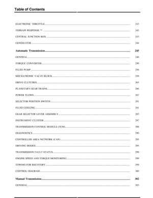 Page 65243ELECTRONIC  THROTTLE..........................................................................................................................................
243TERRAIN  RESPONSE ™ ............................................................................................................................................
243CENTRAL  JUNCTION  BOX...........................................................................................................................................