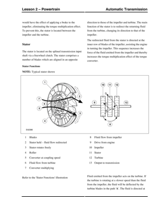 Page 9would have the effect of applying a brake to the
impeller, eliminating the torque multiplication effect.
To prevent this, the stator is located between the
impeller and the turbine.
Stator
The stator is located on the splined transmission input
shaft via a freewheel clutch. The stator comprises a
number of blades which are aligned in an opposite
direction to those of the impeller and turbine. The main
function of the stator is to redirect the returning fluid
from the turbine, changing its direction to...