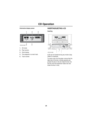 Page 2424
CD Operation
R
Information display screen
1.CD mode.
2.Play function.
3.Clock display.
4.Time elapsed on current track.
5.Track number.INSERTING/EJECTING A CD
Inserting
A CD can be inserted during any mode of play 
(Radio for example).
To insert a disc into the player, ensure that the 
label side of the disc is facing upwards and 
present the disc to the slot. Ease the disc into 
the slot until the mechanism takes over and 
draws the disc in fully.
137 TrCD14 : 5401: Repeat
13
5
2
ICE2126 NAS4
KSAN FM...