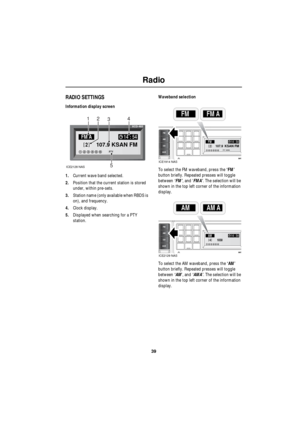 Page 3939
Radio
R
Radio Operation - Premium Audio
RADIO SETTINGS
Information display screen
1.Current wave band selected.
2.Position that the current station is stored 
under, within pre-sets.
3.Station name (only available when RBDS is 
on), and frequency.
4.Clock display.
5.Displayed when searching for a PTY 
station.Waveband selection
To select the FM waveband, press the ‘FM’ 
button briefly. Repeated presses will toggle 
between ‘FM’, and ‘FMA’. The selection will be 
shown in the top left corner of the...