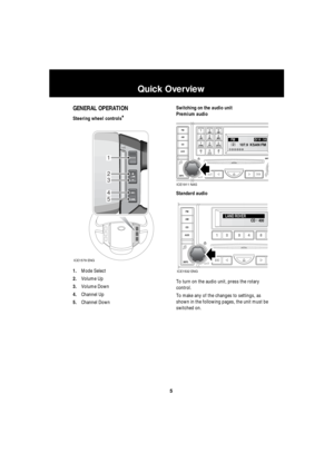 Page 55
Quick Overview
R
Quick Overview
GENERAL OPERATION
Steering wheel controls*
1.Mode Select
2.Volume Up
3.Volume Down
4.Channel Up
5.Channel DownSwitching on the audio unit
Premium audio
Standard audio
To turn on the audio unit, press the rotary 
control.
To make any of the changes to settings, as 
shown in the following pages, the unit must be 
switched on.
1
2
3
4
5
ICE1579 ENG
2FM14 : 54107.9KSAN FM123456
ICE1911 NAS
400 CD- LAND ROVER
ICE1532 ENG 