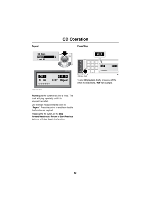 Page 5252
CD Operation
R
Repeat
Repeat puts the current track into a ‘loop’. The 
track will play repeatedly until it is 
stopped/cancelled.
Use the right rotary control to scroll to 
‘Repeat’. Press the control to enable or disable 
the function as required.
Pressing the ‘C’ button, or the Skip 
forward/Next track or Return to Start/Previous 
buttons, will also disable the function.Pause/Stop
To end CD playback, briefly press one of the 
other mode buttons, ‘AUX’ for example.
Repeat
CD Scan
Load All
6CD-465...