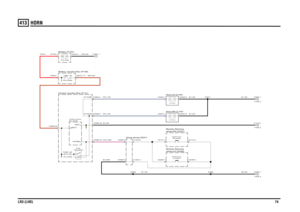 Page 74HORN 
LR3 (LHD)74413
HORN
B,2.5D
B,1.0DB,1.0D
B,1.0D
NR,6.0D
PG,1.0DPO,0.35DB,0.35D
R,50.0
PG,1.0D
B,50.0D
B,2.5DB,1.5D
Horn-RH (L103)wheel-LH (D256) Module-Steeringwheel-RH (D257) Module-SteeringHorn-LH (L102)
Central Junction Box (P101)
FUSE 12P
15.0 Amps
3.00 Amps
LH (S341) Switch-Horn-RH (S340) Switch-Horn-
Horn (R133)Relay-
Box (D162)
Central Junction
Clock spring (S227)
Battery Junction Box (P108)Battery (P100)
3.00 Amps
LINK 17E
50.0 Amps12.0 Volts
TYPE 3TYPE 3TYPE 3
C0004-2C0003-2
C0583-20...
