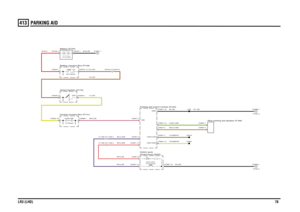 Page 78PARKING AID 
LR3 (LHD)78413
PARKING AID
RS,0.5DNU,0.5D
N,4.0DN,4.0DNK,0.5DY,4.0D
R,50.0
B,50.0D
B,0.5D
B,1.5D
RS,0.35DNU,0.35D
YW,MAPATYU,MAPATLGR,0.35DRLG,0.35DB,0.5D
FUSE 36P
5.0 Amps
C1168-3 C1166-3C1168-4 C1166-4
C2444-4 C2443-4
Battery Junction Box (P108)
LINK 11E
30.0 Amps
Central Junction Box (P101)Switch-Ignition (S176)Battery (P100)12.0 Volts
Front (S434) Switch-PDC-
Centre facia (S425) Switch pack-
TYPE 3
Parking aid control module (D184)
TYPE 3
Rear parking aid speaker (F188)
C0582-19C0028-4...