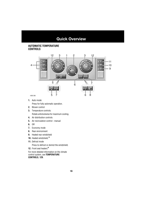 Page 1616
Quick Overview
L
AUTOMATIC TEMPERATURE
CONTROLS
1.Auto mode:
Press for fully automatic operation.
2.Blower control
3.Temperature controls:
Rotate anticlockwise for maximum cooling.
4.Air distribution controls
5.Air recirculation control - manual
6.Off
7.Economy mode
8.Rear environment
9.Heated rear windshield
10.Heated windshield.
*
11.Defrost mode
Press to defrost or demist the windshield.
12.Front seat heaters
*
For more detailed information on the climate 
control system, see TEMPERATURE 
CONTROLS,...