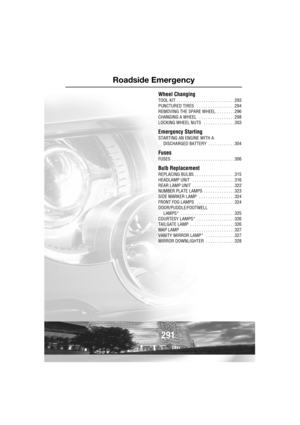 Page 291Roadside Emergency
R
291
Wheel Changing
TOOL KIT . . . . . . . . . . . . . . . . . . . . . . . . . . 293
PUNCTURED TIRES   . . . . . . . . . . . . . . . . . 294
REMOVING THE SPARE WHEEL  . . . . . . . . 296
CHANGING A WHEEL   . . . . . . . . . . . . . . . . 298
LOCKING WHEEL NUTS   . . . . . . . . . . . . . .303
Emergency Starting
STARTING AN ENGINE WITH A
DISCHARGED BATTERY  . . . . . . . . . . . .304
Fuses
FUSES  . . . . . . . . . . . . . . . . . . . . . . . . . . . . 306
Bulb Replacement
REPLACING...