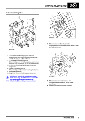 Page 30VERTEILERGETRIEBE
ÜBERHOLUNG7
Vorderachsabtriebsgehäuse
1.7 Schrauben zur Befestigung der seitlichen
Abdeckung für den Differentialsperrenschaltfinger
und die Abdeckung selbst entfernen.
2.3 Schrauben zur Befestigung des
Differentialsperren- Schaltfingergehäuses entfernen,
Gehäuse und Schaltfinger als Baugruppe entfernen.
3.O-Ring von Schaltfingergehäuse entfernen und
wegwerfen.
4.Stopfen zur Befestigung der
Differentialsperren-Druckfeder und Kugel entfernen.
5.Druckfeder entfernen.
6.Kugel mit Hilfe...