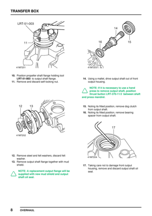 Page 35TRANSFERBOX
8 OVERHAUL
10.Position propeller shaftflange holding tool
LRT-51-003 tooutput shaftflange.
11. Remove anddiscard self-locking nut.
12.Remove steelandfeltwashers, discardfelt
washer.
13. Remove outputshaftflange together withmud
shield.
NOTE: Areplacement outputflangewillbe
supplied withnewmud shield andoutput
shaft oilseal.
14. Using amallet, driveoutput shaftoutoffront
output housing.
NOTE: Ifitis necessary touse ahand
press toremove outputshaft,position
thrust button LRT-370-11/2...