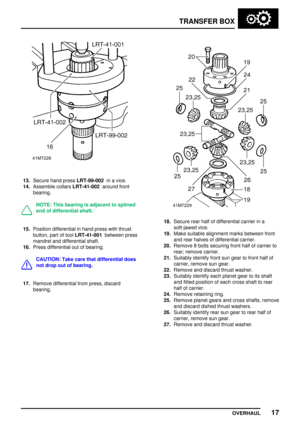 Page 44TRANSFER BOX
OVERHAUL17
13.Secure hand pressLRT-99-002in a vice.
14.Assemble collarsLRT-41-002around front
bearing.
NOTE: This bearing is adjacent to splined
end of differential shaft.
15.Position differential in hand press with thrust
button, part of toolLRT-41-001between press
mandrel and differential shaft.
16.Press differential out of bearing.
CAUTION: Take care that differential does
not drop out of bearing.
17.Remove differential from press, discard
bearing.
18.Secure rear half of differential...