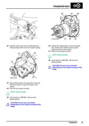 Page 32TRANSFERBOX
OVERHAUL 5
32.Slacken locknutandremove differential lock
warning lampswitch fromfrontoutput housing.
33.Noting fittedposition oflongest bolt,remove 8
bolts securing frontoutput housing tomain
casing.
34. Remove frontoutput housing.
NOTE: Dowellocated.
35.Uptoserial no.288709E:Remove and
discard gasket.
CAUTION: Donot carry outfurther
dismantling offront output housing atthis
stage.
36. Noting theirfitted position, removeshoulder
bolt, 5bolts and2washers securing rear
output housing tomain...