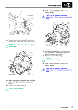 Page 30TRANSFER BOX
OVERHAUL5
32.Loosen locknut and remove differential lock
warning lamp switch from front output housing.
NOTE: On later boxes, locknut is replaced
by a spacer.
33.Noting fitted position of longest bolt, remove 8
bolts securing front output housing to main
casing.
34.Remove front output housing.
NOTE: Dowel located.35.Up to serial no. 288709E:Remove and
discard gasket.
CAUTION: Do not carry out further
dismantling of front output housing at this
stage.
36.Noting their fitted position, remove...