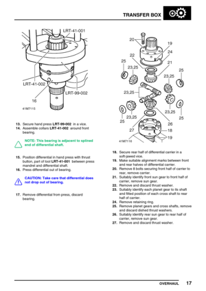 Page 42TRANSFER BOX
OVERHAUL17
13.Secure hand pressLRT-99-002in a vice.
14.Assemble collarsLRT-41-002around front
bearing.
NOTE: This bearing is adjacent to splined
end of differential shaft.
15.Position differential in hand press with thrust
button, part of toolLRT-41-001between press
mandrel and differential shaft.
16.Press differential out of bearing.
CAUTION: Take care that differential does
not drop out of bearing.
17.Remove differential from press, discard
bearing.
18.Secure rear half of differential...
