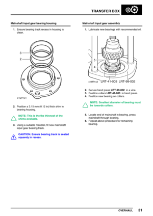 Page 56TRANSFER BOX
OVERHAUL31
Mainshaft input gear bearing housing
1.Ensure bearing track recess in housing is
clean.
2.Position a 3.15 mm (0.12 in) thick shim in
bearing housing.
NOTE: This is the the thinnest of the
shims available.
3.Using a suitable mandrel, fit new mainshaft
input gear bearing track.
CAUTION: Ensure bearing track is seated
squarely in recess.Mainshaft input gear assembly
1.Lubricate new bearings with recommended oil.
2.Secure hand pressLRT-99-002in a vice.
3.Position collarsLRT-41-003in...