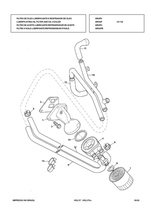 Page 118   IMPRESSO NO BRASIL          HS2.5T / HS2.5Tcc  05/02FILTRO DE ÓLEO LUBRIFICANTE E RESFRIADOR DE ÓLEO
LUBRIFICATING OIL FILTER AND OIL COOLER
FILTRO DE ACEITE LUBRICANTE/REFRIGERADOR DE ACEITE
FILTRE À HUILE LUBRIFIANTE/REFROIDISSEUR DHUILEGRUPO
GROUP33/138
GRUPO
GROUPE 