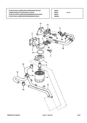 Page 124   IMPRESSO NO BRASIL          HS2.5T / HS2.5Tcc  05/02
GRUPO
GROUP33/144
GRUPO
GROUPE FILTRO DE ÓLEO LUBRIFICANTE E RESFRIADOR DE ÓLEO
LUBRIFICATING OIL FILTER AND OIL COOLER
FILTRO DE ACEITE LUBRICANTE/REFRIGERADOR DE ACEITE
FILTRE À HUILE LUBRIFIANTE/REFROIDISSEUR DHUILE 