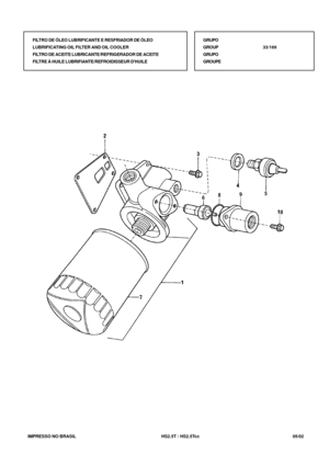Page 126   IMPRESSO NO BRASIL          HS2.5T / HS2.5Tcc  05/02GRUPO
GROUP33/169
GRUPO
GROUPE FILTRO DE ÓLEO LUBRIFICANTE E RESFRIADOR DE ÓLEO
LUBRIFICATING OIL FILTER AND OIL COOLER
FILTRO DE ACEITE LUBRICANTE/REFRIGERADOR DE ACEITE
FILTRE À HUILE LUBRIFIANTE/REFROIDISSEUR DHUILE 
