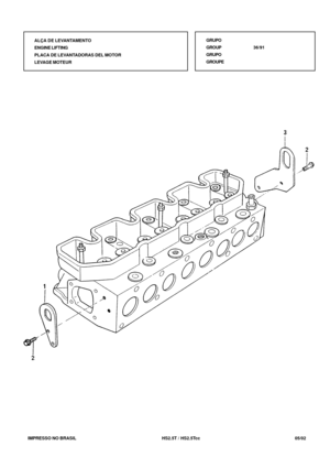 Page 148   IMPRESSO NO BRASIL          HS2.5T / HS2.5Tcc   05/02ALÇA DE LEVANTAMENTO
ENGINE LIFTING
PLACA DE LEVANTADORAS DEL MOTOR
LEVAGE MOTEURGRUPO
GROUP36/91
GRUPO
GROUPE 