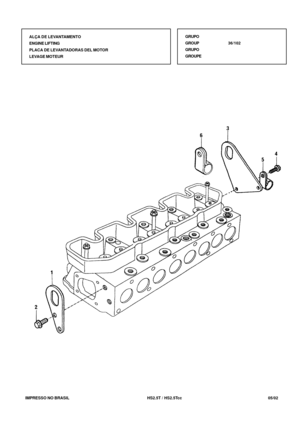 Page 154   IMPRESSO NO BRASIL          HS2.5T / HS2.5Tcc   05/02ALÇA DE LEVANTAMENTO
ENGINE LIFTING
PLACA DE LEVANTADORAS DEL MOTOR
LEVAGE MOTEUR
GRUPO
GROUP36/102
GRUPO
GROUPE 