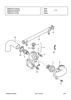 Page 166   IMPRESSO NO BRASIL          HS2.5T / HS2.5Tcc   05/02
GRUPO
GROUP37/129
GRUPO
GROUPE TERMOSTATO E CARCAÇA
THERMOSTAT AND HOUSING
TERMOSTATO Y CÂRTER
THERMOSTAT ET CARTER 