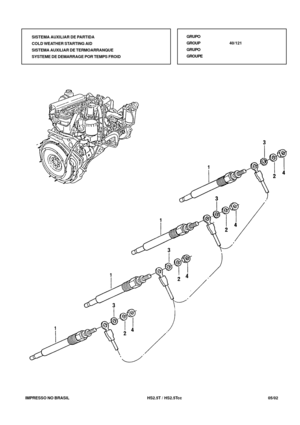 Page 212   IMPRESSO NO BRASIL          HS2.5T / HS2.5Tcc   05/02
SISTEMA AUXILIAR DE PARTIDA
COLD WEATHER STARTING AID
SISTEMA AUXILIAR DE TERMOARRANQUE
SYSTEME DE DEMARRAGE POR TEMPS FROIDGRUPO
GROUP40/121
GRUPO
GROUPE 