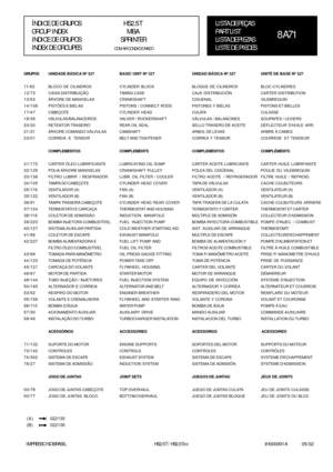 Page 27  IMPRESSO  NO BRASIL      HS2.5T / HS2.5Tcc     81000091 A                  05/02
LISTA DE PEÇAS
PART LIST
LISTA DE PIEZAS
LISTE DE PIECES
8A71
( A )       022135
(B)       022136
ÍNDICE  DE  GRUPOS           HS2.5T
GROUP  INDEX              MBA
INDICE  DE  GRUPOS        SPRINTER
INDEX DE GROUPES
    COM AR CONDICIONADO
BASIC UNIT Nº 327
CYLINDER BLOCK
TIMING CASE
CRANKSHAFT
PISTONS / CONNECT RODS
CYLINDER HEAD
VALVER / ROCKERSHAFT
REAR OIL SEAL
CAMSHAFT
BELT AND TIGHTENER
COMPLEMENTS
LUBRICATING OIL...