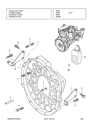 Page 264   IMPRESSO NO BRASIL          HS2.5T / HS2.5Tcc   05/02GRUPO
GROUP45/119
GRUPO
GROUPE CARCAÇA DO VOLANTE
FLYWHEEL HOUSING
CARTER DEL VOLANTE
CARTER DU VOLANT 