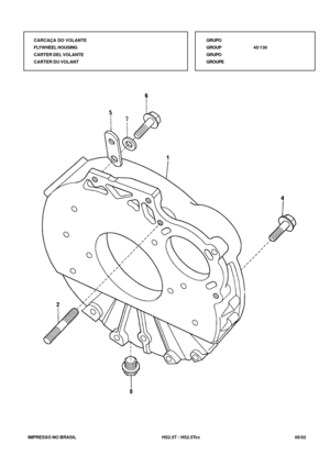 Page 276   IMPRESSO NO BRASIL          HS2.5T / HS2.5Tcc   05/02GRUPO
GROUP45/130
GRUPO
GROUPE CARCAÇA DO VOLANTE
FLYWHEEL HOUSING
CARTER DEL VOLANTE
CARTER DU VOLANT 