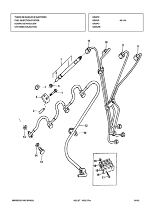 Page 296   IMPRESSO NO BRASIL           HS2.5T / HS2.5Tcc                05/02 TUBOS DE INJEÇÃO E INJETORES
FUEL INJECTION SYSTEM
EQUIPO DE INYECCIÓN
SYSTEME DINJECTIONGRUPO
GROUP48/144
GRUPO
GROUPE 