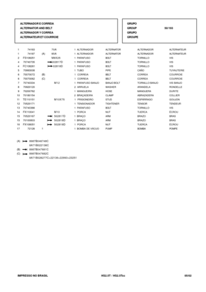 Page 317   IMPRESSO NO BRASIL          HS2.5T / HS2.5Tcc                05/02 ALTERNADOR E CORREIA
ALTERNATOR AND BELT
ALTERNADOR Y CORREA
ALTERNATEUR ET COURROIEGRUPO
GROUP50/193
GRUPO
GROUPE
 1  ALTERNADOR
 1  ALTERNADOR
 1  PARAFUSO
 1  PARAFUSO
 1  PARAFUSO
 1  TUBO
 1  CORREIA
 1  CORREIA
 1  PARAFUSO BANJO
 2  ARRUELA
 1  MANGUEIRA
 2  BRAÇADEIRA
 1  PRISIONEIRO
 1  TENSIONADOR
 1  PARAFUSO
 1  PORCA
 1  BRAÇO
 1  BRAÇO
 1  PORCA
 1  BOMBA DE VÁCUO 1          74163
 1          74187
 2    FS108251
 4...