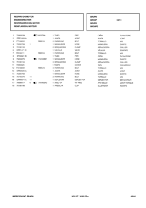 Page 333   IMPRESSO NO BRASIL          HS2.5T / HS2.5Tcc                05/02
CAÑO
JUNTA
TORNILLO
MANGUERA
ABRAZADERA
VÁLVULA
TORNILLO
CAÑO
MANGUERA
ABRAZADERA
TA PA
TORNILLO
JUNTA
MANGUERA
TORNILLO
DEFLECTOR
ARO SELLO
SUJETADOR70620786
M8X20
1
M6X55
70200801
M8X25
11
11
6 70590013   1    70993259
  2     ERR1653 A
  3    FT108201
  4    70200769
  5    70180153
  6     ERR1471 C
  7    FB106111
  8     ETC8621 B
  9    70200878
 10   70180154
 11   70993025
 12   FS108251
 13    ERR2026 A
 14   70200768
 15...