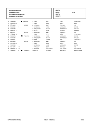 Page 335   IMPRESSO NO BRASIL          HS2.5T / HS2.5Tcc                05/02
 1  TUBO
 1  JUNTA
 2  PARAFUSO
 1  MANGUEIRA
 2  BRAÇADEIRA
 1  VÁLVULA
 1  PARAFUSO
  1  TUBO
 1  MANGUEIRA
 3  BRAÇADEIRA
 1  TAMPA
 3  PARAFUSO
 1  JUNTA
 1  MANGUEIRA
 4  PARAFUSO
 1  DEFLETOR
 1 ANEL OPIPE
JOINT
BOLT
HOSE
CLAMP
VA LV E
BOLT
PIPE
HOSE
CLAMP
COVER
BOLT
JOINT
HOSE
BOLT
DEFLECTOR
O RINGCAÑO
JUNTA
TORNILLO
MANGUERA
ABRAZADERA
VÁLVULA
TORNILLO
CAÑO
MANGUERA
ABRAZADERA
TA PA
TORNILLO
JUNTA
MANGUERA
TORNILLO
DEFLECTOR...