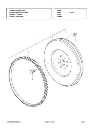 Page 348   IMPRESSO NO BRASIL           HS2.5T / HS2.5Tcc                05/02 VOLANTE E CREMALHEIRA
FLYWHEEL AND STARTER RING
VOLANTE Y CORONA
VOLANT ET COURONNEGRUPO
GROUP55/153
GRUPO
GROUPE 