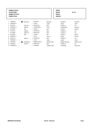 Page 355   IMPRESSO NO BRASIL          HS2.5T / HS2.5Tcc                05/02GRUPO
GROUP56/110
GRUPO
GROUPE
 1  SUPORTE
 1  JUNTA
 3  PARAFUSO
 1  PRISIONEIRO
 1  PORCA
 1  PARAFUSO
 1  PARAFUSO
 1  PORCA
 1  POLIA
 3  PARAFUSO
 1  JUNTA
 1  BOMBA DÁGUA
 5  PARAFUSO
 1  CONEXÃOBRACKET
JOINT
BOLT
STUD
NUT
BOLT
BOLT
NUT
PULLEY
BOLT
JOINT
WATER PUMP
BOLT
CONNECTIONSOPORTE
JUNTA
TORNILLO
ESPÁRRAGO
TUERCA
TORNILLO
TORNILLO
TUERCA
POLEA
TORNILLO
JUNTA
BOMBA DE ÁGUA
TORNILLO
CONEXIÓNSUPPORT
JOINT
VIS
GOUJON
ÉCROU
VIS...