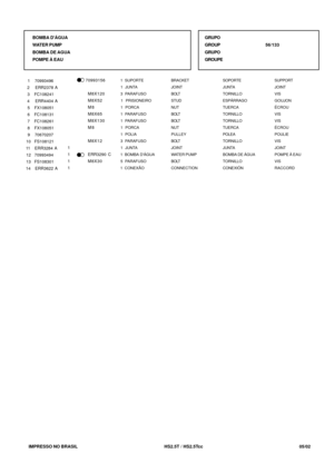 Page 357   IMPRESSO NO BRASIL          HS2.5T / HS2.5Tcc                05/02GRUPO
GROUP56/133
GRUPO
GROUPE
 1  SUPORTE
 1  JUNTA
 3  PARAFUSO
 1  PRISIONEIRO
 1  PORCA
 1  PARAFUSO
 1  PARAFUSO
 1  PORCA
 1  POLIA
 3  PARAFUSO
 1  JUNTA
 1  BOMBA DÁGUA
 5  PARAFUSO
 1  CONEXÃOBRACKET
JOINT
BOLT
STUD
NUT
BOLT
BOLT
NUT
PULLEY
BOLT
JOINT
WATER PUMP
BOLT
CONNECTIONSOPORTE
JUNTA
TORNILLO
ESPÁRRAGO
TUERCA
TORNILLO
TORNILLO
TUERCA
POLEA
TORNILLO
JUNTA
BOMBA DE ÁGUA
TORNILLO
CONEXIÓNSUPPORT
JOINT
VIS
GOUJON
ÉCROU
VIS...