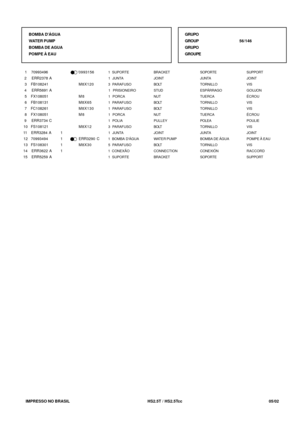 Page 359   IMPRESSO NO BRASIL          HS2.5T / HS2.5Tcc                05/02GRUPO
GROUP56/146
GRUPO
GROUPE BOMBA DÁGUA
WATER PUMP
BOMBA DE AGUA
POMPE À EAU
BRACKET
JOINT
BOLT
STUD
NUT
BOLT
BOLT
NUT
PULLEY
BOLT
JOINT
WATER PUMP
BOLT
CONNECTION
BRACKETSOPORTE
JUNTA
TORNILLO
ESPÁRRAGO
TUERCA
TORNILLO
TORNILLO
TUERCA
POLEA
TORNILLO
JUNTA
BOMBA DE ÁGUA
TORNILLO
CONEXIÓN
SOPORTESUPPORT
JOINT
VIS
GOUJON
ÉCROU
VIS
VIS
ÉCROU
POULIE
VIS
JOINT
POMPE À EAU
VIS
RACCORD
SUPPORT  1  SUPORTE
 1  JUNTA
 3  PARAFUSO
 1...