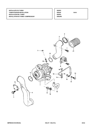 Page 374   IMPRESSO NO BRASIL           HS2.5T / HS2.5Tcc   05/02GRUPO
GROUP58/46
GRUPO
GROUPE INSTALAÇÃO DO TURBO
TURBOCHARGER INSTALLATION
INSTALACIÓN DEL TURBO
INSTALLATION DU TURBO -COMPRESSEUR 