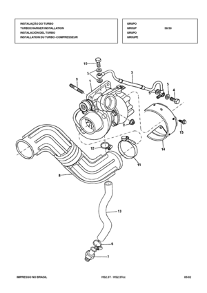 Page 376   IMPRESSO NO BRASIL           HS2.5T / HS2.5Tcc   05/02INSTALAÇÃO DO TURBO
TURBOCHARGER INSTALLATION
INSTALACIÓN DEL TURBO
INSTALLATION DU TURBO -COMPRESSEURGRUPO
GROUP58/50
GRUPO
GROUPE 