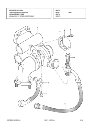 Page 382   IMPRESSO NO BRASIL           HS2.5T / HS2.5Tcc   05/02
INSTALAÇÃO DO TURBO
TURBOCHARGER INSTALLATION
INSTALACIÓN DEL TURBO
INSTALLATION DU TURBO -COMPRESSEURGRUPO
GROUP58/64
GRUPO
GROUPE 