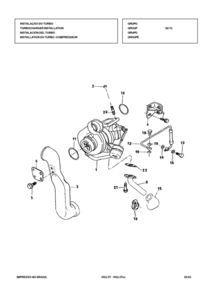 Page 384   IMPRESSO NO BRASIL           HS2.5T / HS2.5Tcc   05/02GRUPO
GROUP58/72
GRUPO
GROUPE INSTALAÇÃO DO TURBO
TURBOCHARGER INSTALLATION
INSTALACIÓN DEL TURBO
INSTALLATION DU TURBO -COMPRESSEUR 