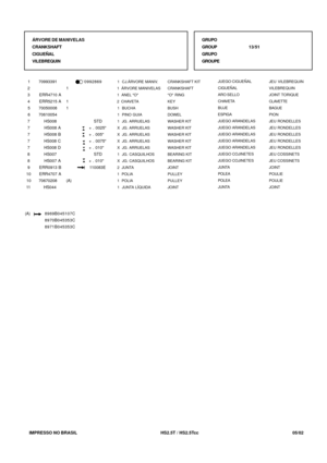 Page 57   IMPRESSO NO BRASIL         HS2.5T / HS2.5Tcc  05/02
CRANKSHAFT KIT
CRANKSHAFT
O RING
KEY
BUSH
DOWEL
WASHER KIT
WASHER KIT
WASHER KIT
WASHER KIT
WASHER KIT
BEARING KIT
BEARING KIT
JOINT
PULLEY
PULLEY
JOINT  1  CJ.ÁRVORE MANIV.
 1  ÁRVORE MANIVELAS
 1  ANEL O
 2  CHAVETA
 1  BUCHA
 1  PINO GUIA
 1  JG. ARRUELAS
 X  JG. ARRUELAS
 X  JG. ARRUELAS
 X  JG. ARRUELAS
 X  JG. ARRUELAS
 1  JG. CASQUILHOS
 X  JG. CASQUILHOS
 2  JUNTA
 1  POLIA
 1  POLIA
 1  JUNTA LÍQUIDA70992869
1
1
1
      STD
  + . 0025
  + ....