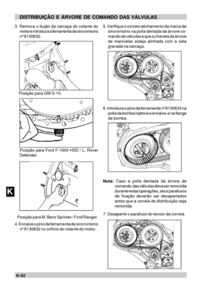 Page 77K-02KDISTRIBUIÇÃO E ÁRVORE DE COMANDO DAS VÁLVULAS3. Remova o bujão da carcaça do volante do
motor e introduza a ferramenta de sincronismo
nº 8130632.
    Posição para GM S-10.
    Posição para Ford F-1000 HSD / L. Rover
Defender.
    Posição para M. Benz Sprinter / Ford Ranger.
4. Encaixe o pino da ferramenta de sincronismo
nº 8130632 no orifício do volante do motor.5. Verifique o correto alinhamento da marca de
sincronismo na polia dentada da árvore co-
mando de válvulas e que a chaveta da árvore
de...
