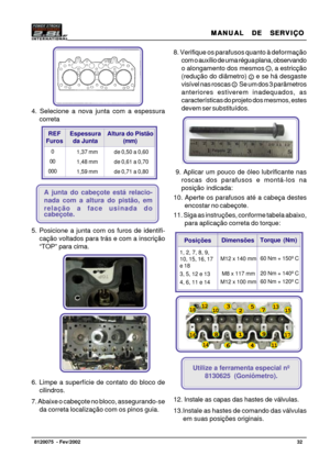 Page 33MANUAL  DE  SERVIÇO MANUAL  DE  SERVIÇOMANUAL  DE  SERVIÇO MANUAL  DE  SERVIÇO
MANUAL  DE  SERVIÇO
32   8120075  - Fev/2002
4. Selecione a nova junta com a espessura
correta
A junta do cabeçote está relacio-
nada com a altura do pistão, em
relação a face usinada do
cabeçote.
5. Posicione a junta com os furos de identifi-
cação voltados para trás e com a inscrição
“TOP” para cima.
6. Limpe a superfície de contato do bloco de
cilindros.
7. Abaixe o cabeçote no bloco, assegurando-se
da correta localização...