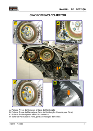 Page 55MANUAL  DE  SERVIÇO MANUAL  DE  SERVIÇOMANUAL  DE  SERVIÇO MANUAL  DE  SERVIÇO
MANUAL  DE  SERVIÇO
54   8120075  - Fev/2002
SINCRONISMO DO MOTOR
A. Polia da Árvore de Comando e Caixa de Distribuição
B. Polia da Árvore de Manivelas e Caixa de Distribuição (Chaveta para Cima)
C. Polia da Bomba Injetora e Pino Sincronizador
D. Soltar os Parafusos da Polia, para Acomodação da Correia
AC
DB 