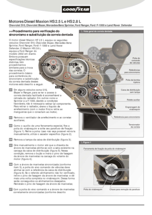 Page 1O motor diesel Maxion HS 2.5 L equipa os seguintes 
veículos: Chevrolet S10, Chevrolet Blazer, Mercedes-Benz 
Sprinter, Ford Ranger, Ford  F-1000 e Land Rover  
Defender. O Maxion HS 2.8 L 
equipa a Ford Ranger do 
modelo 2002 em diante. 
Embora possuam 
especificações técnicas 
distintas, têm 
procedimentos 
similares para a troca 
das correias. O 
procedimento básico 
para conferência do 
sincronismo e substituição 
da correia dentada desses 
motores está descrito a seguir:
Em alguns veículos como S10,...