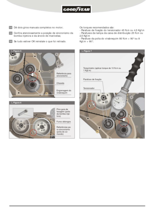 Page 3:. Figura 7:. Figura 5:. Figura 6Referência para 
sincronismoChavetaEngrenagem do
virabrequimReferências pa-
ra sincronismo (polia do co-mando)Pino guia de 
fasagem (polia da bomba inje-tora) Torquímetro (aplicar torque de 10 N.m ou 
1 Kgf.m)TensionadorParafuso de fixaçãoFuros oblongosDê dois giros manuais completos no motor;
Confira atenciosamente a posição de sincronismo da 
bomba injetora e da árvore de manivelas; 
Se tudo estiver OK reinstale o que foi retirado.Os torques recomendados são:
- Parafuso...